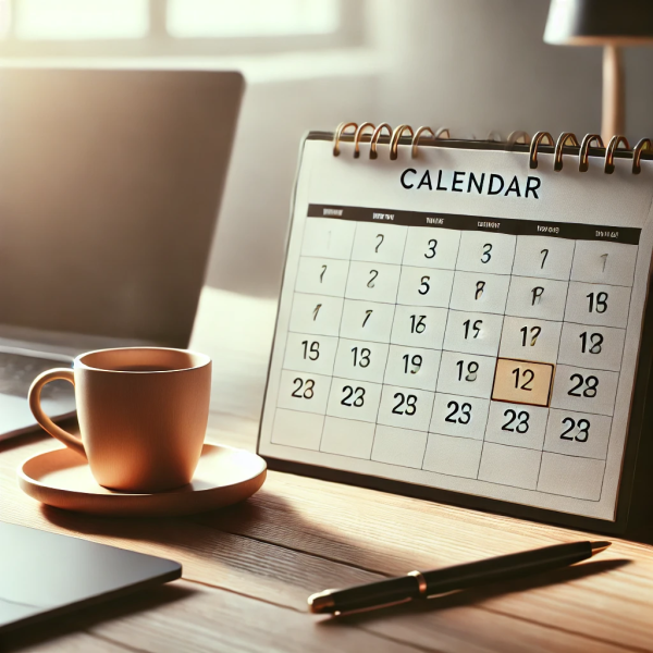 A desktop calendar with a highlighted date next to a cup of coffee and a laptop, symbolizing scheduling a home inspection in Greensboro.