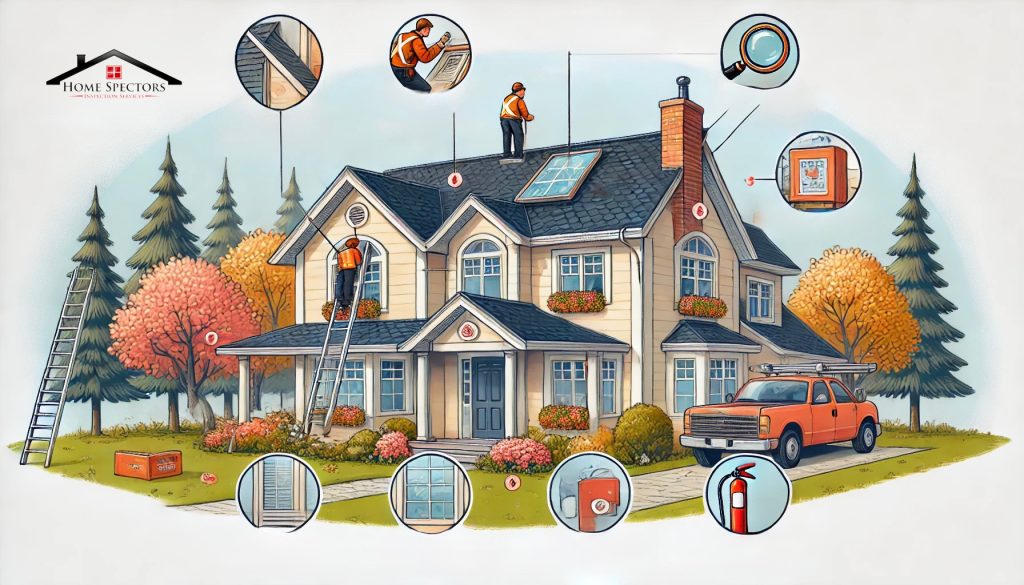 Seasonal home maintenance illustration highlighting essential tasks for Greensboro homeowners, including gutter cleaning, roof inspections, and window sealing.