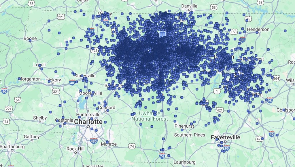 Map showing service areas for the best home inspections in Greensboro and Raleigh.