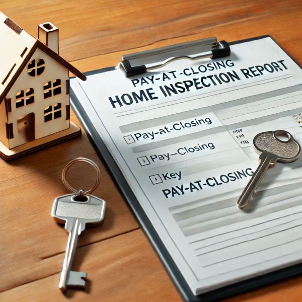 Clipboard with a home inspection report, a key, and a small model house on a wooden table, symbolizing the pay-at-closing process for home inspections.