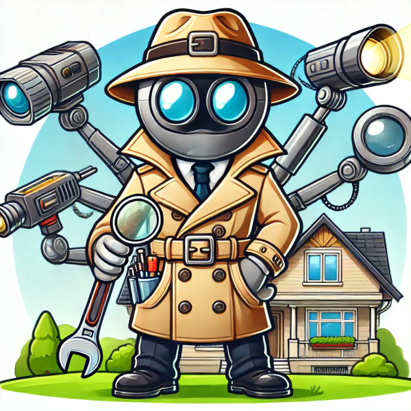 Cartoon home inspector character with gadgets, wearing a trench coat and hat, using a magnifying glass and mechanical arms equipped with tools to inspect a suburban house.